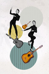 Creative photo 3d collage poster postcard artwork of people dancing having fun paying guitar...