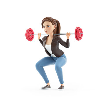 3d cartoon woman lifting barbell