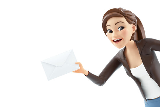 3d Portrait Cartoon Woman Holding Envelope