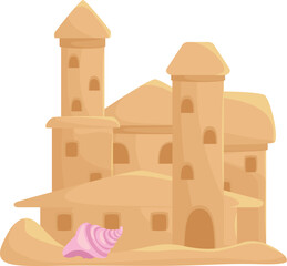 Sand castle beach childish building with towers and seashell vector flat sandy summer construction