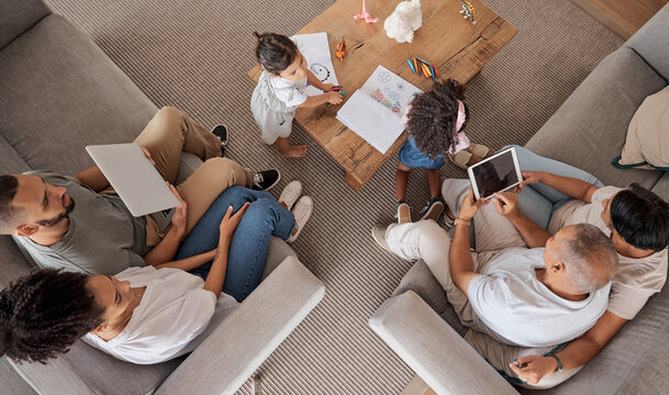 Love, Family And Grandparents In Home From Above To Bond With Children In Mexico Living Room. Grandparents, Parents And Kids Relax To Enjoy Leisure Together With Technology And Color Books.