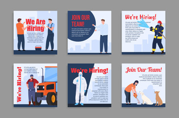 We are hiring recruitment agency internet promo post set vector HR industrial staff admission