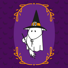 Halloween cute doodle ghost in a witch costume and bat violet background vector illustration. Happy Halloween. Sweet or treatment. Cute cartoon, kawaii baby character. Greeting, invitation card.