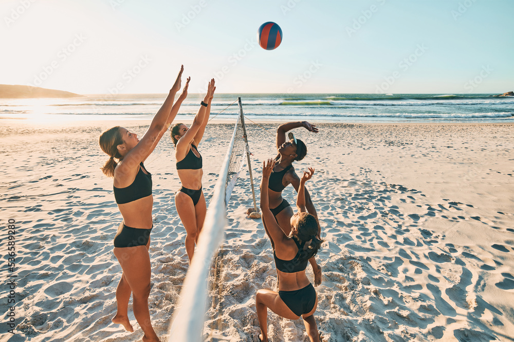 Canvas Prints Volleyball, team sports and women on the beach during group holiday together in Miami in summer. Happy, excited and young friends playing sport game in bikini by the sea on vacation with energy