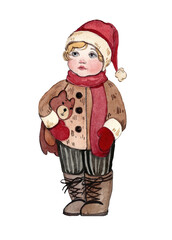 Watercolor illustration on a white background. Child with bear toy in winter Christmas clothes. New Year and Christmas illustration. Postcard design, packaging.