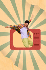 Creative photo 3d collage poster postcard artwork of cheerful excited happy person dancing inside tv set box isolated on drawing background