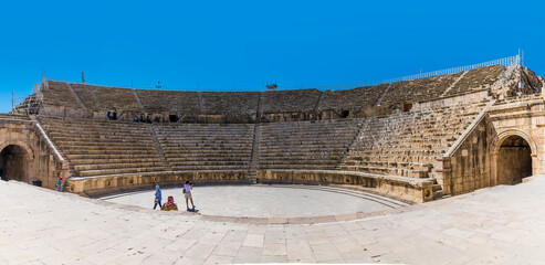 A panorama view across the amphitheatre in the ancient Roman settlement of Gerasa in Jerash, Jordan...