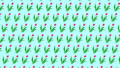 Red and green tulip flower horizontal and diagonal borders on a light blue background