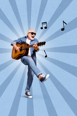 Vertical collage image of overjoyed cheerful grandfather playing guitar isolated on drawing...
