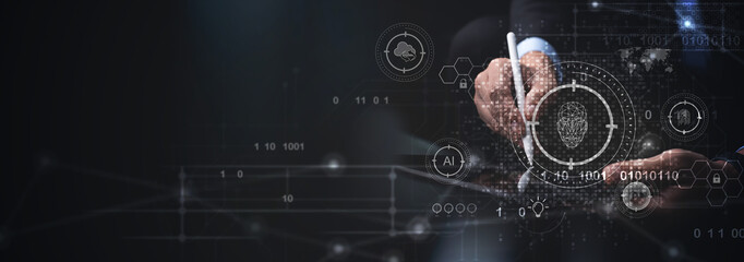 Cyber security network. Face scanner, Padlock icon and internet technology networking. Businessman protecting data personal information on tablet. Data protection privacy 