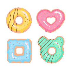 Donut set, shape heart, square, donut with ears . Doughnuts in colorful glaze, kids sweets, pastry for menu design, cafe decoration and delivery box. Vector illustration isolated on white background.