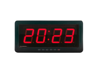 red led light numbers 2023 illuminated on black digital electric alarm clock display isolated on...
