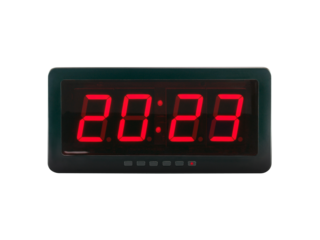 red led light numbers 2023 illuminated on black digital electric alarm clock display isolated on white background, led sign showing time symbol concept for new year countdown