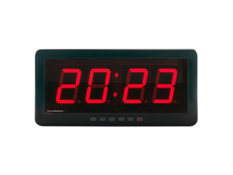 red led light numbers 2023 illuminated on black digital electric alarm clock display isolated on white background, led sign showing time symbol concept for new year countdown