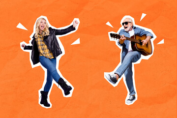 Composite collage picture of two excited overjoyed people play guitar enjoy dancing isolated on orange drawing background