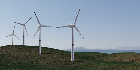 Plenty of windmills for electric power production, 3d render,
