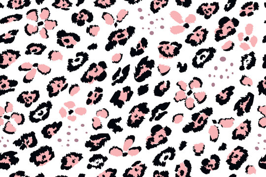 Abstract leopard seamless pattern with black spots and pink flowers on a white background. Trendy botanical and animal skin background.