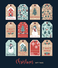 Set of cute Christmas gift tags in hand drawn doodle style. Vector greeting card designs