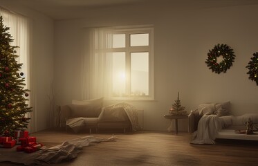 Fototapeta premium The dim winter sun shines through the window into a cozy room with Christmas decorations. Christmas tree. Beautiful calm home interior. 3D render.