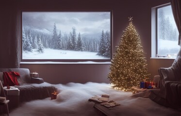 Fototapeta premium View from the room on a Winter holiday panoramic window. Holiday and relaxed atmosphere. Tranquill festive interior. 3D illustration