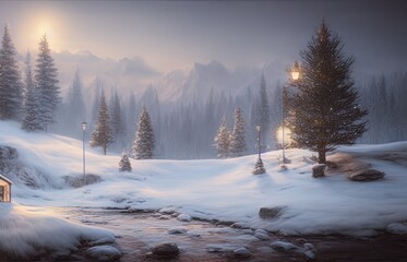 Frosty winter beautiful landscape against mountains. Evening rural scene. Snow and fir trees. 3D render.
