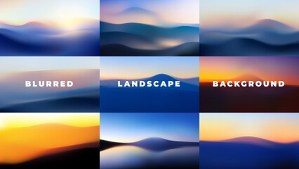 Set of blurred gradient landscapes and seascapes in fog with space for text. Vector illustrations of mountain slopes at sunset, desert dunes at sunrise. Abstract wavy background, wallpaper.