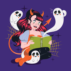 Halloween girl with a book