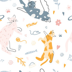 Seamless pattern with cute colorful cats. Hand drawn vector illustration of kittens for wrapping paper, fabric print, kids textile, cover, card design