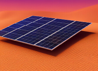 An illustration of a solar panel in the middle of a desert. Concept of renewable energy - obrazy, fototapety, plakaty