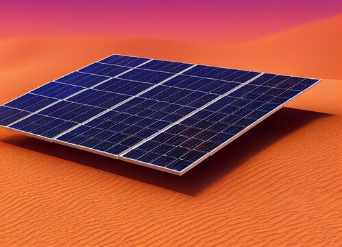 An illustration of a solar panel in the middle of a desert. Concept of renewable energy