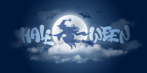 Happy Halloween greeting card, banner template with lettering, silhouette of witch flying on broomstick with flock of bats. Mystical full moon and realistic clouds on background. Vector illustration