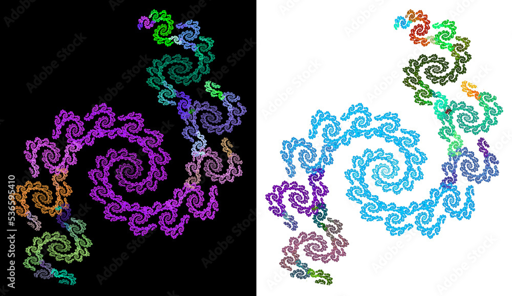 Poster colorful spirals connect, form large spirals on black and white backgrounds. abstract fractal patter
