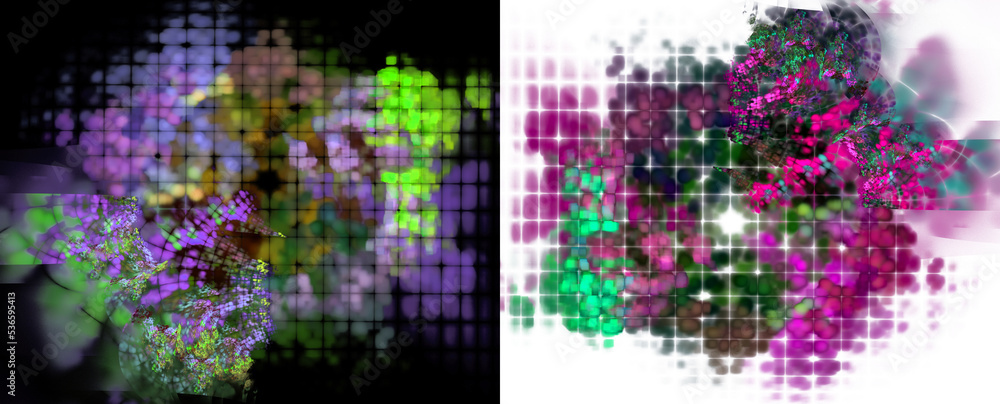 Poster a colorful mosaic of colored squares fills the black and white backgrounds. two abstract fractal bac