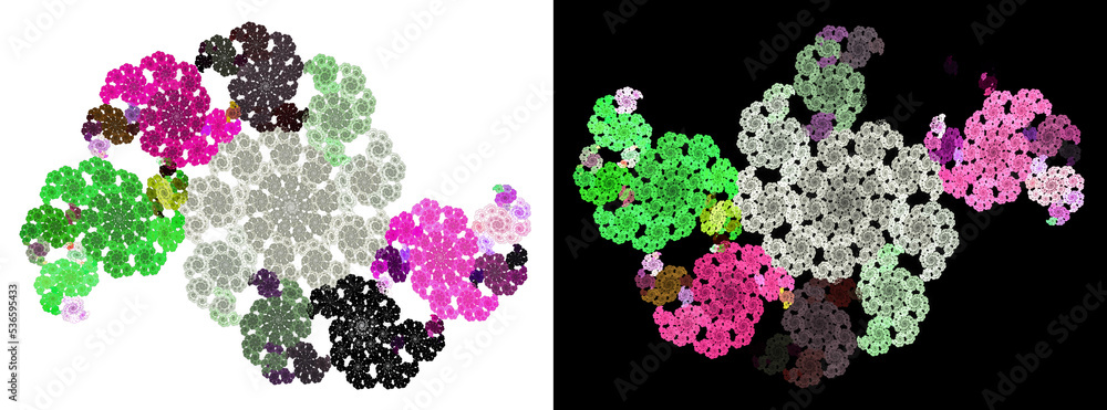 Poster colorful spirals create an openwork pattern on black white backgrounds. abstract fractal graphic des