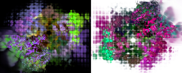 A colorful mosaic of colored squares fills the black and white backgrounds. Two abstract fractal backgrounds in one. 3d illustration. 3d rendering.