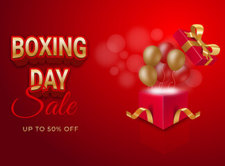 Realistic boxing day sale banner with balloons and gift box