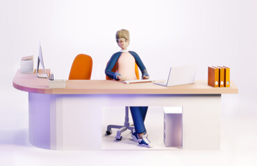 Successful happy business woman in her office sits by the desk. 3D rendering illustration