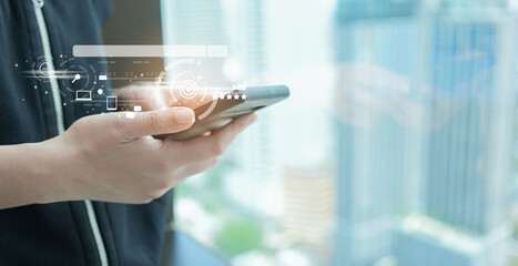 close up man hand touchscreen on smartphone to use search engine optimization (SEO) tools for find customer or promote and advertise about content online for marketing technology and business concept