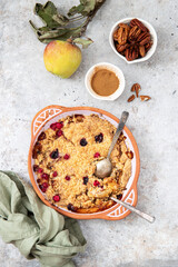 Homemade apple crumble with cinnamon and berries