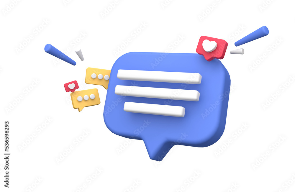 Poster 3d rendering of speech bubble messages, bell notification, social media communication concept, chat 