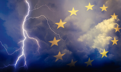 Dramatic stormy clouds with lightning next to EU stars flag symbol. Upcoming crisis and economy problems in Europe.