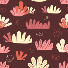 Obraz premium Seamless pattern with bushes and greenery in doodle style.