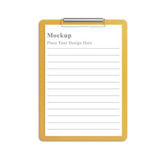 Realistic yellow clipboard with paper note mockup 