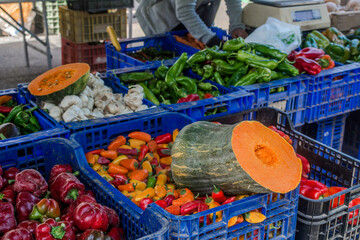 Vegetables from a producer farmer in a market. Fresh, eco, healthy, food. Concept of sustainable shopping