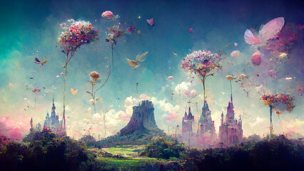 Illustration of a fairytale dreamlike castle in pastel colors, magical and mystical medieval kingdom
