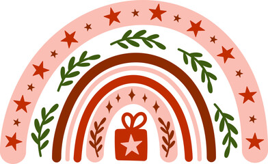 Christmas boho rainbow vector clipart. Winter gift kids print
