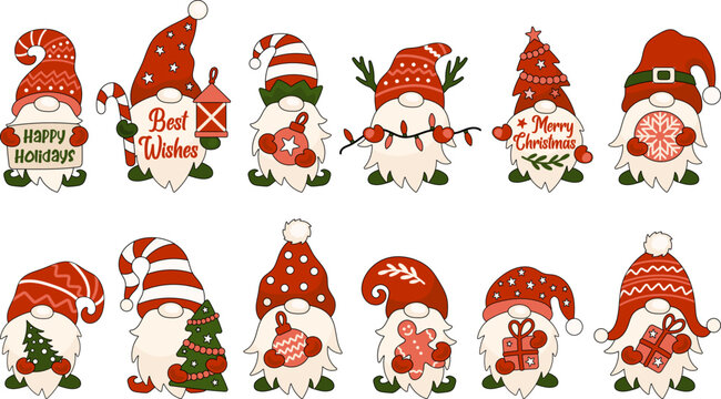 Christmas gnomes vector illustrations set. Christmas quotes. Winter holidays clipart