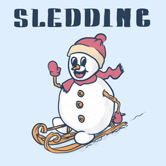 funky snowman sledding retro mascot . winter activity. vintage style icon illustration