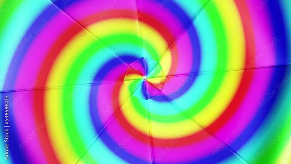Poster realistic looping 3d animation of the spinning rainbow spiral gradient umbrella or parasol rendered 