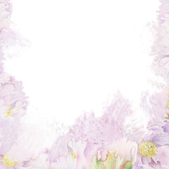 Watercolor pastel background arrangement with hand drawn delicate pink peony flowers, buds and leaves. Isolated on white. For invitations, wedding, love or greeting cards, paper, print, textile